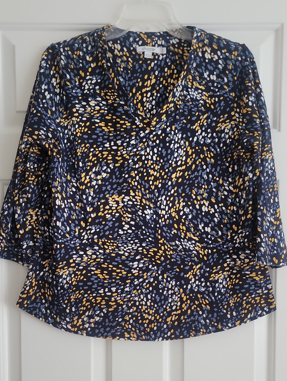 Chico's Navy, Gold & White V-Neck Dot-Print Blouse, 100% Pima Cotton, L